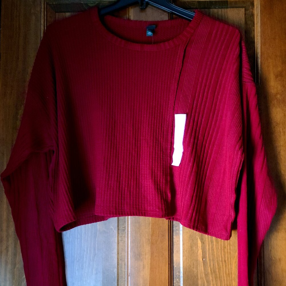 WILD FABLE ''WAFFLE KNIT'' CROPPED THERMAL CREW NECK SIZE XXL BERRY RED